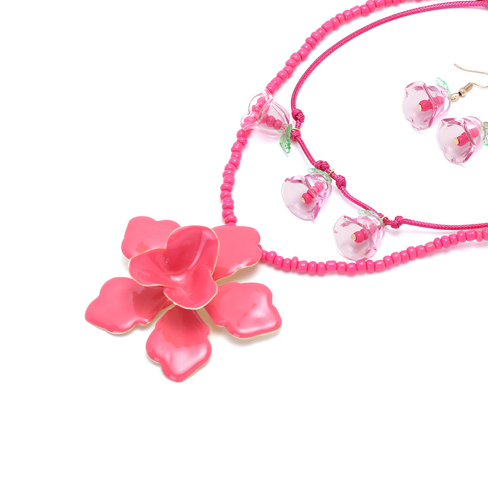Wholesale Handmade Beaded Three-Dimensional Oil-Dropping Flower Pendant Clavicle Chain  Necklace