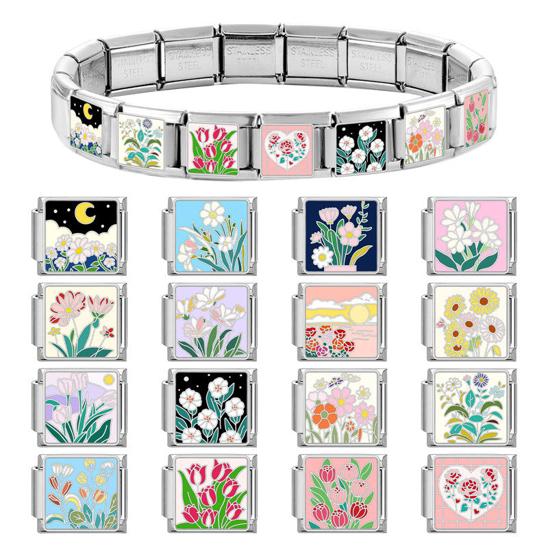 Wholesale Italian Charm Bracelet 9mm DIY Splicing Flowers Stainless Steel Composable Bracelet