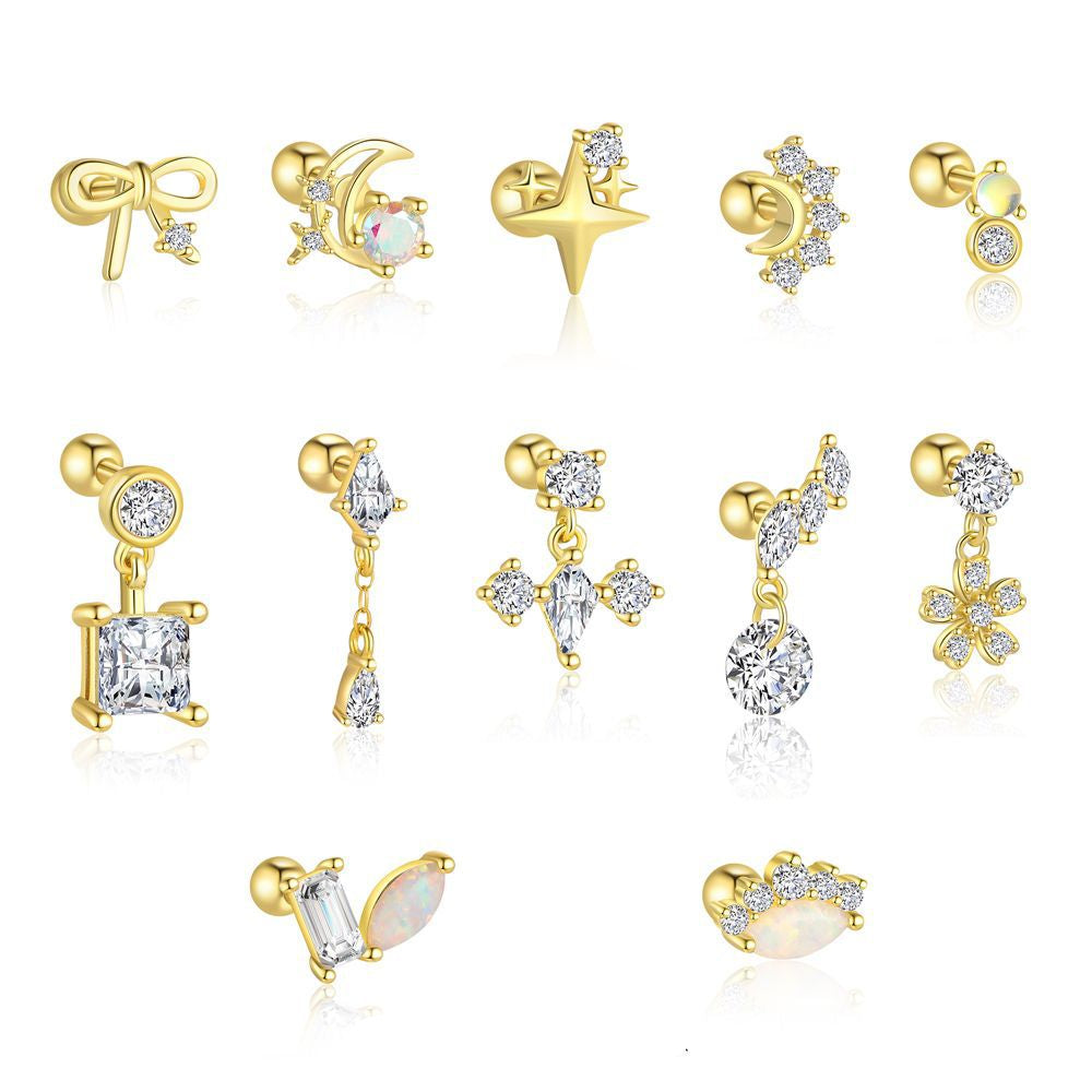 Wholesale 925 sterling silver star and moon zircon round head earrings