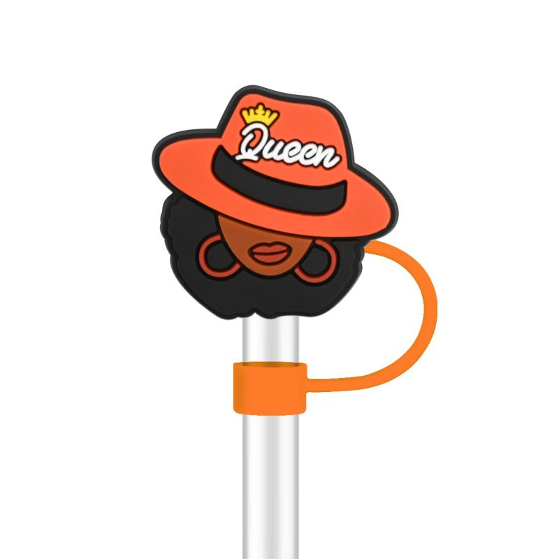 Wholesale 100pcs randomly black girl fashion series straw covers,  10mm soft silicone straw tube cap.