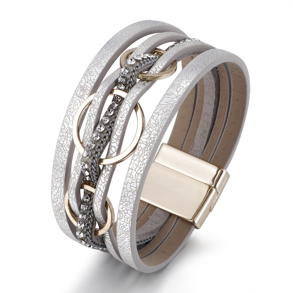 Wholesale Pink PU Leather Women S Layered Bracelet With Magnetic Clasp And Interlocking Rings Stylish Jewelry Accessory For Everyday Wear