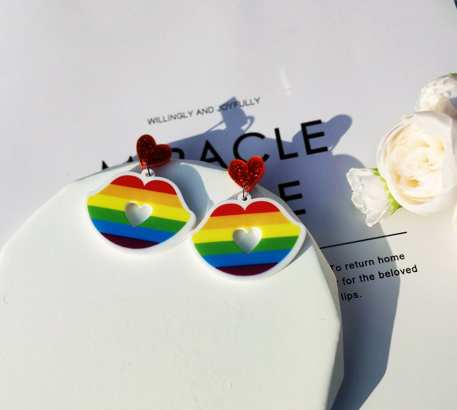Wholesale Rainbow Earrings Silver Needle Love Earrings Heart Earrings Acrylic Earrings ACC-ES-Mindin006