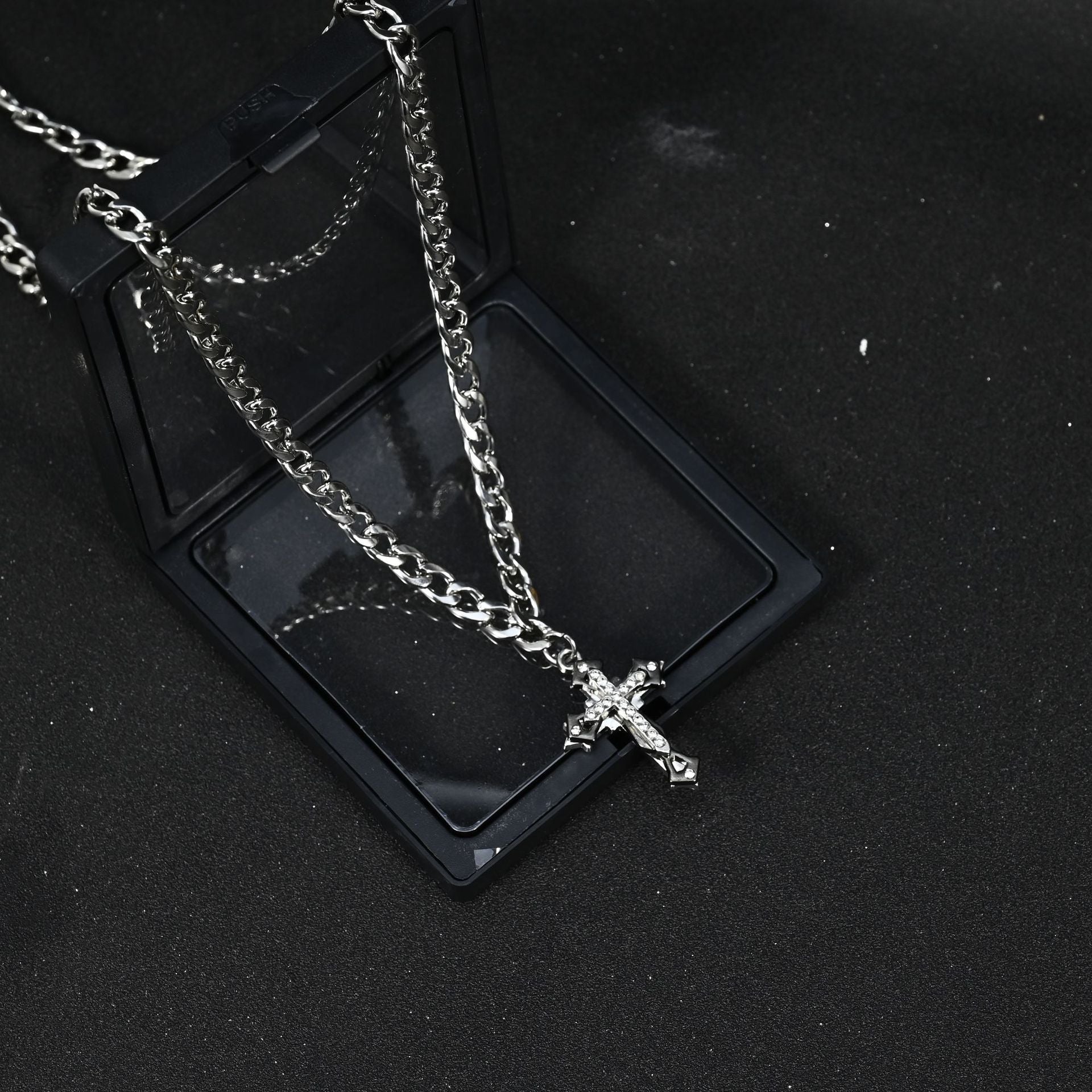 Wholesale Stainless Steel Cuban Chain Necklace Three Layer Rhinestone Cross Pendant Chic Hip Hop Fashion Accessory For Gift