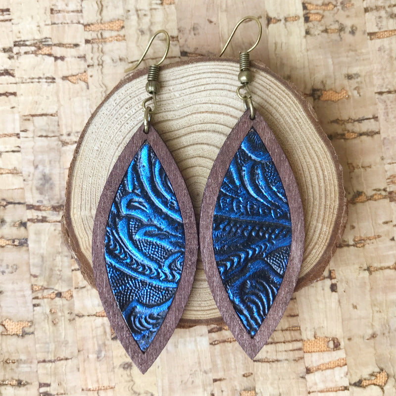 Wholesale 3PCS set of wooden-framed,  leather,  vintage embossed earrings
