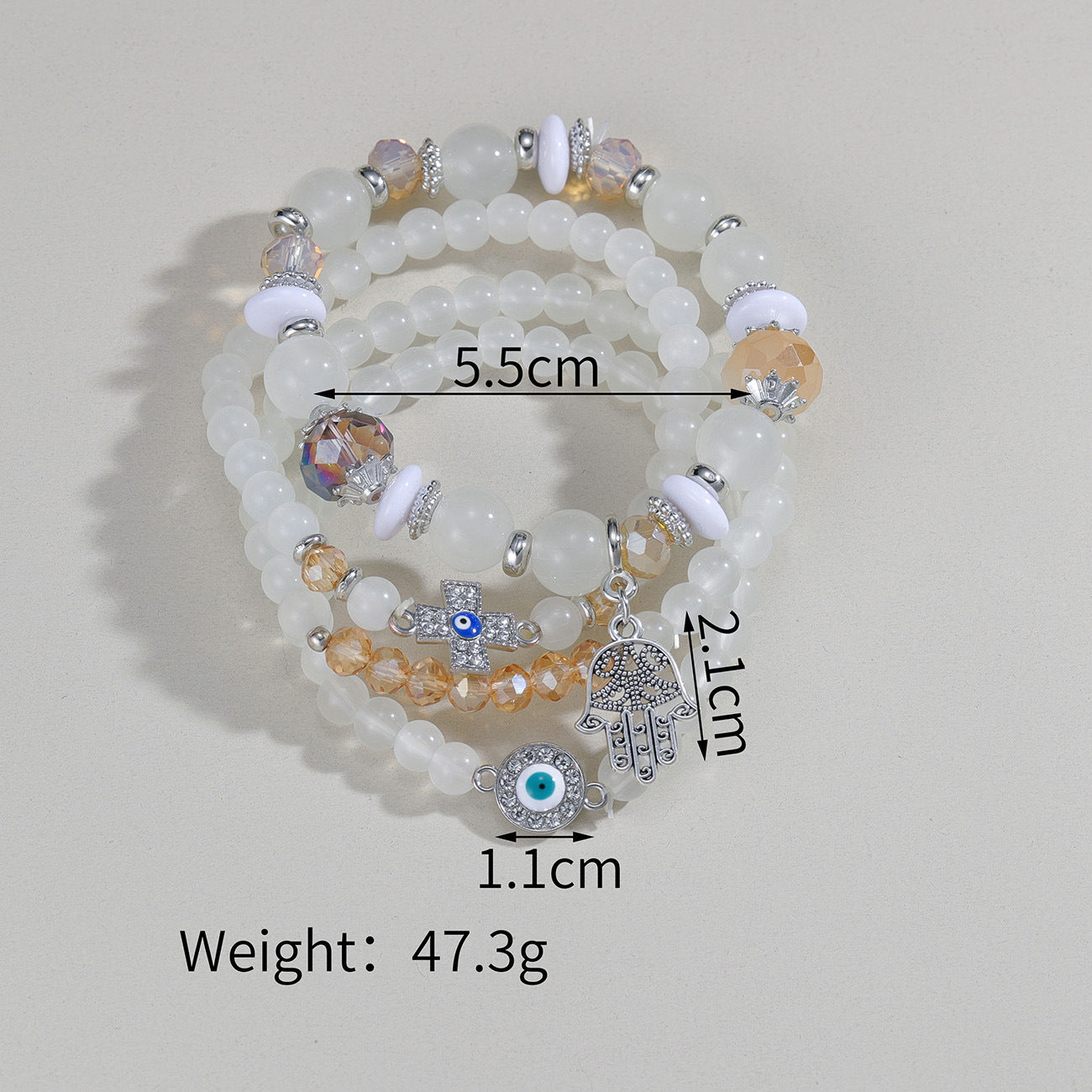 Wholesale alloy rhinestone cross evil eye palm pendant crystal beaded multi-layer bracelet