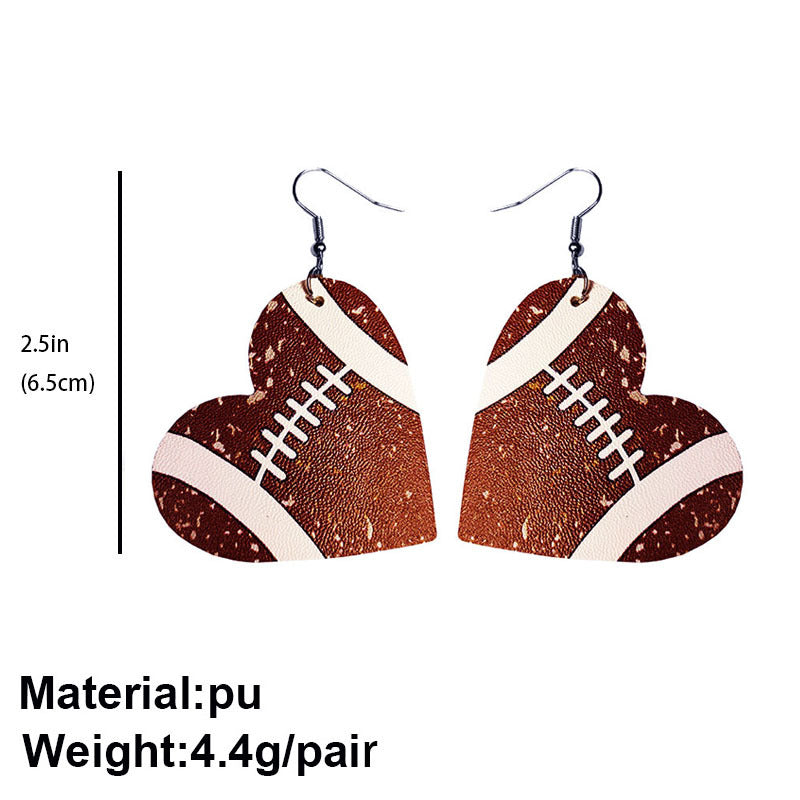Wholesale Heart Shaped Sports Leather Earrings Baseball Football Soccer Hockey Tennis Jewelry Accessory Gift Boutique Resale