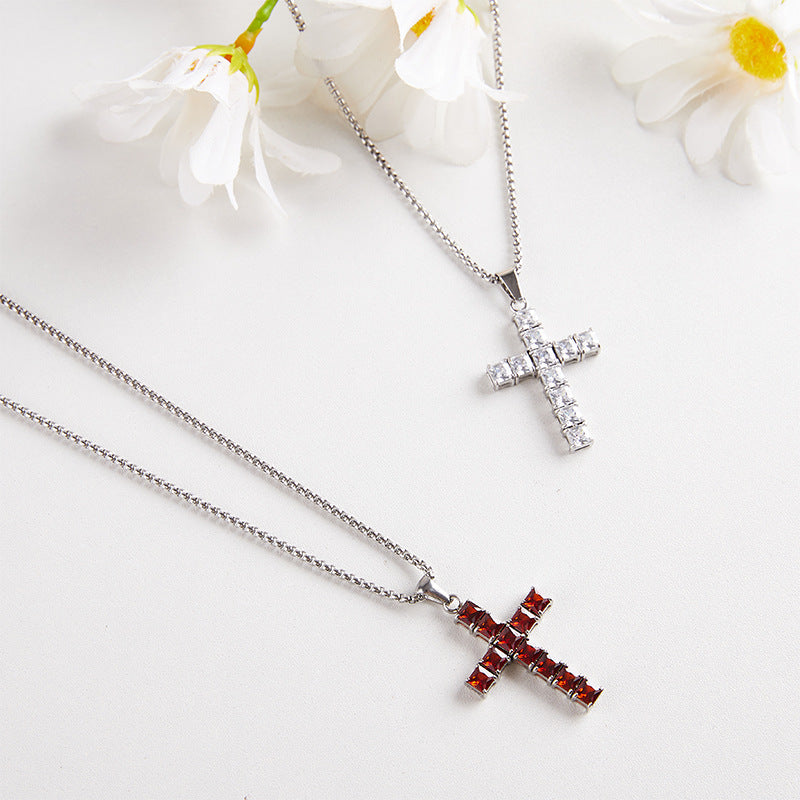 Wholesale Titanium Steel Square Cross Zircon Pendant Necklace