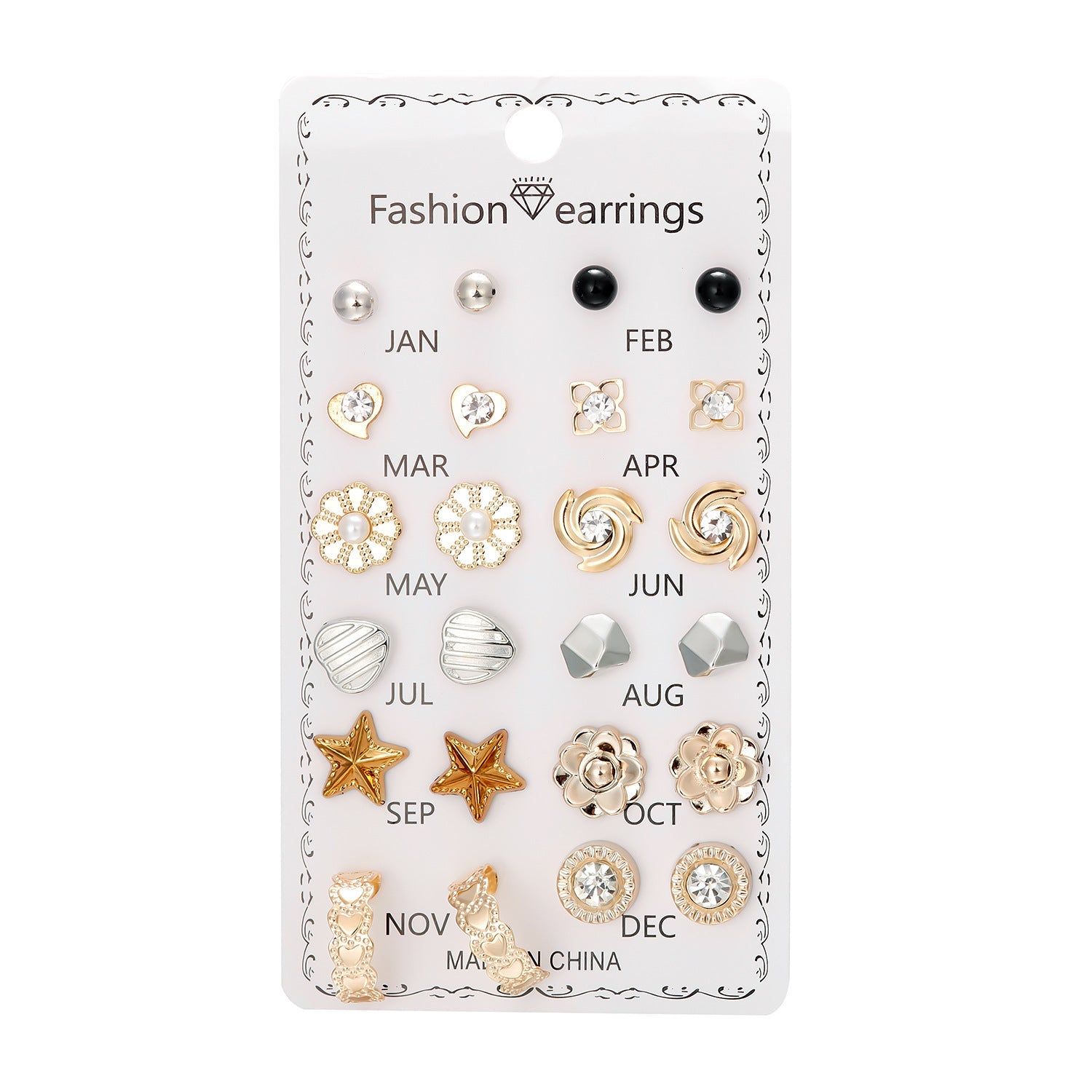 Wholesale 12 Pairs of Flower-encrusted Diamond Combination Clip-on Earrings Set Ear Studs ACC-ES-Chuya001