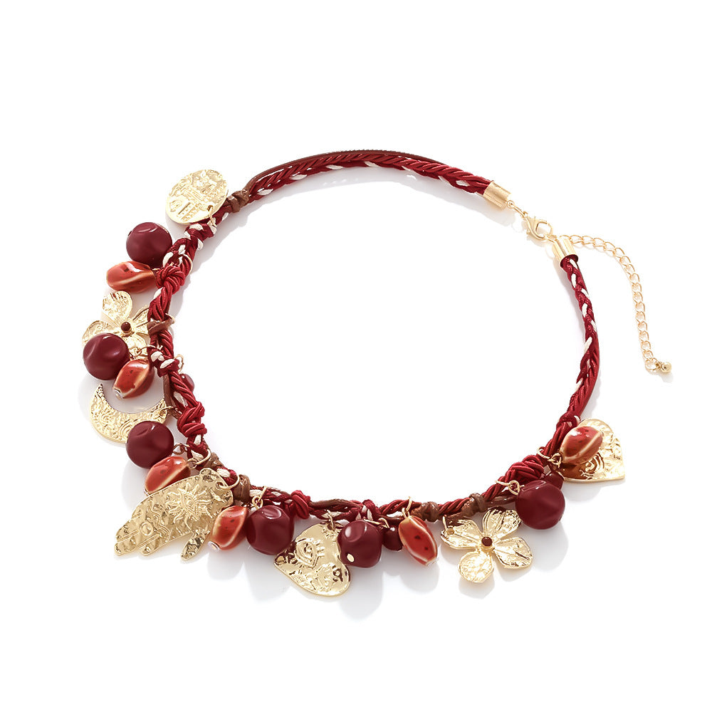 Wholesale Light Luxury Handmade Knot Three-strand Rope Alloy Palm Moon Love Pendant Necklace