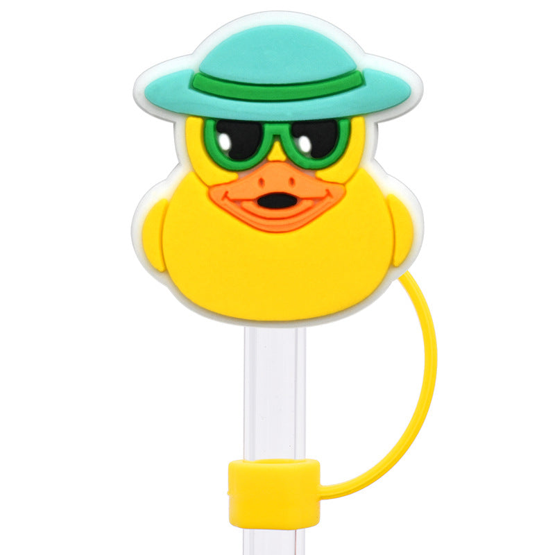 Wholesale Random 100pcs Cartoon yellow duck   10mm PVC Soft Straw Tube Cap