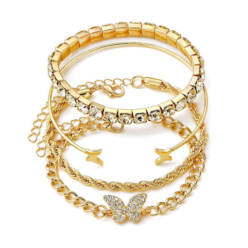 Wholesale Butterfly Rhinestone Alloy Stackable Bracelet Set 4 Pcs Adjustable Bangle Stretch Cord Women Fashion Jewelry Gift