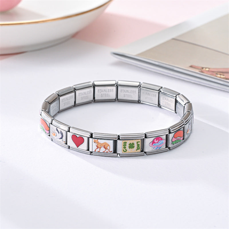 Wholesale Stainless Steel Modular Elastic Bracelet Square Train Card Printed Fashion Accessory