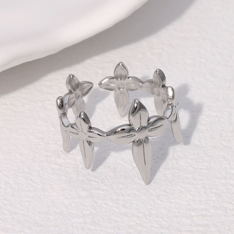 Wholesale leaf all-match light luxury adjustable open stainless steel ring