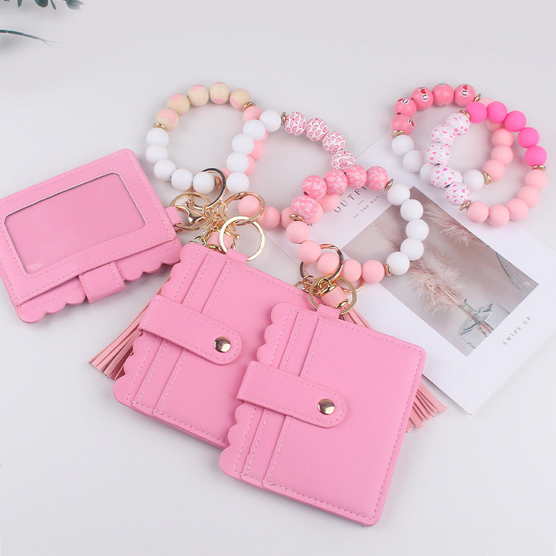 Wholesale  Cartoon Valentine's Day Printed Wooden Beads Pink Card Holder Bracelet PU Leather Tassel Wallet Keychain