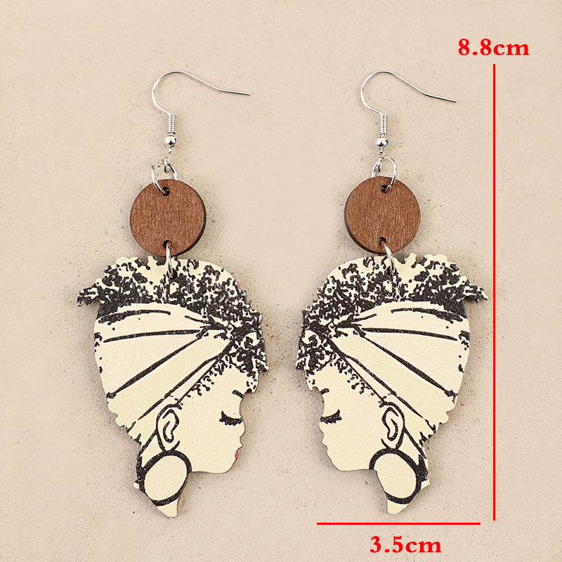 Wholesale Bohemian Retro African Portrait Wooden Earrings