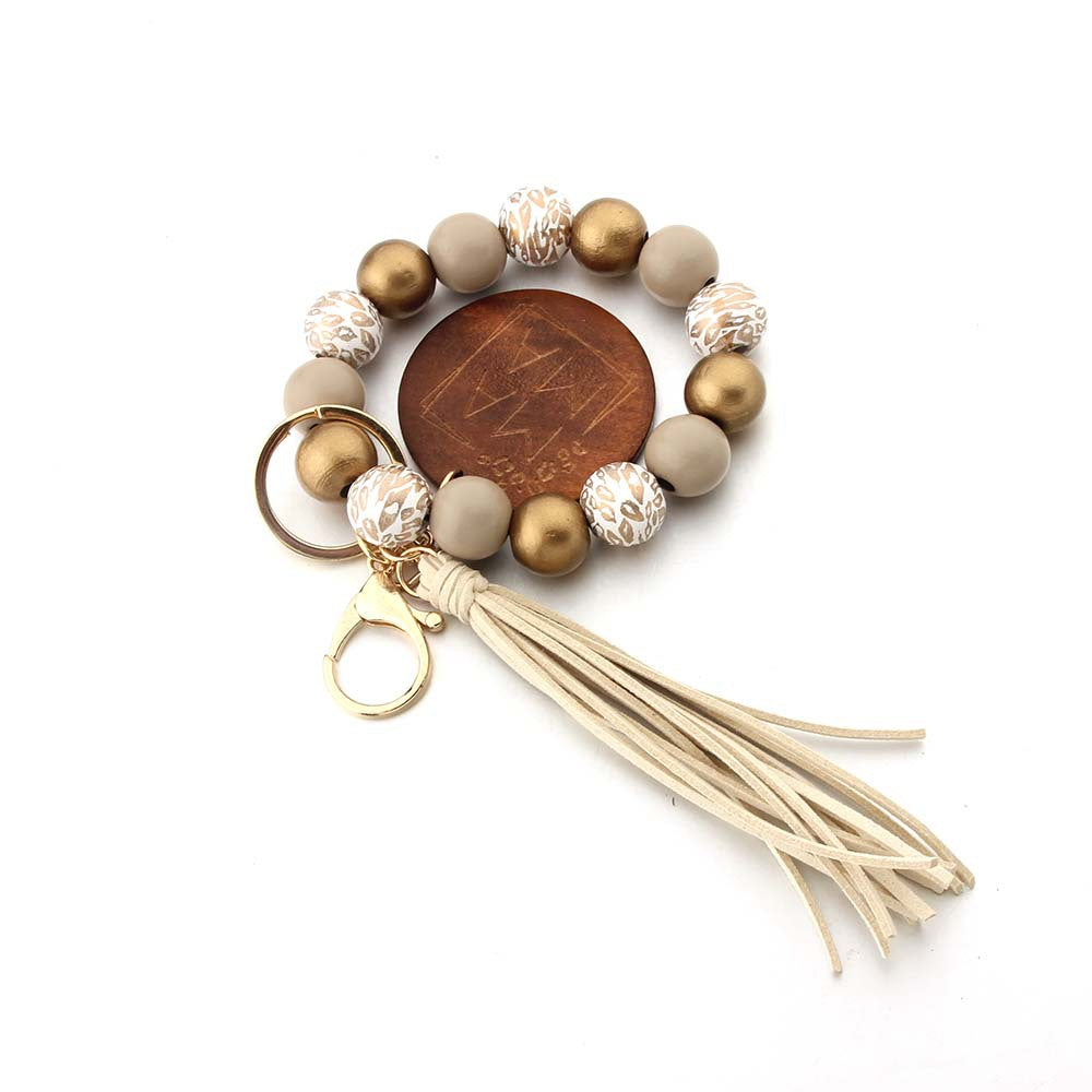 Wholesale Leopard Print MAMA Mother's Day Wooden Beads Beaded Keychain Wristlet Keychain ACC-KC-JinAn010