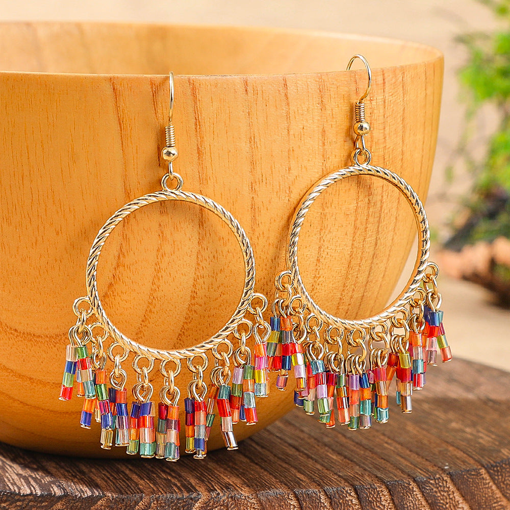 Wholesale Bohemian Handmade Beaded Tassel Earrings Alloy Colorful Rice Beads Fashion Accessory
