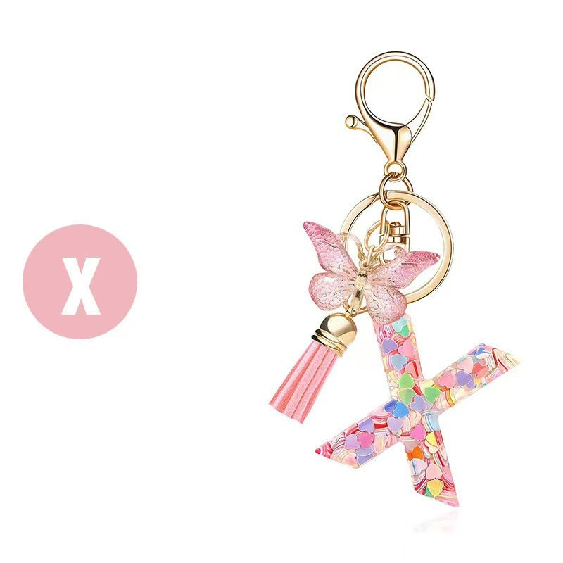 Wholesale Trendy Cute 26 Piece Alphabet Initial Keychain Set With Tassel Butterfly Pendant Bag Charm Gift