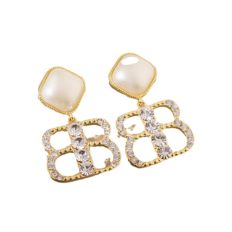 Wholesale Silver Needle French Zircon Letter Pearl Earrings