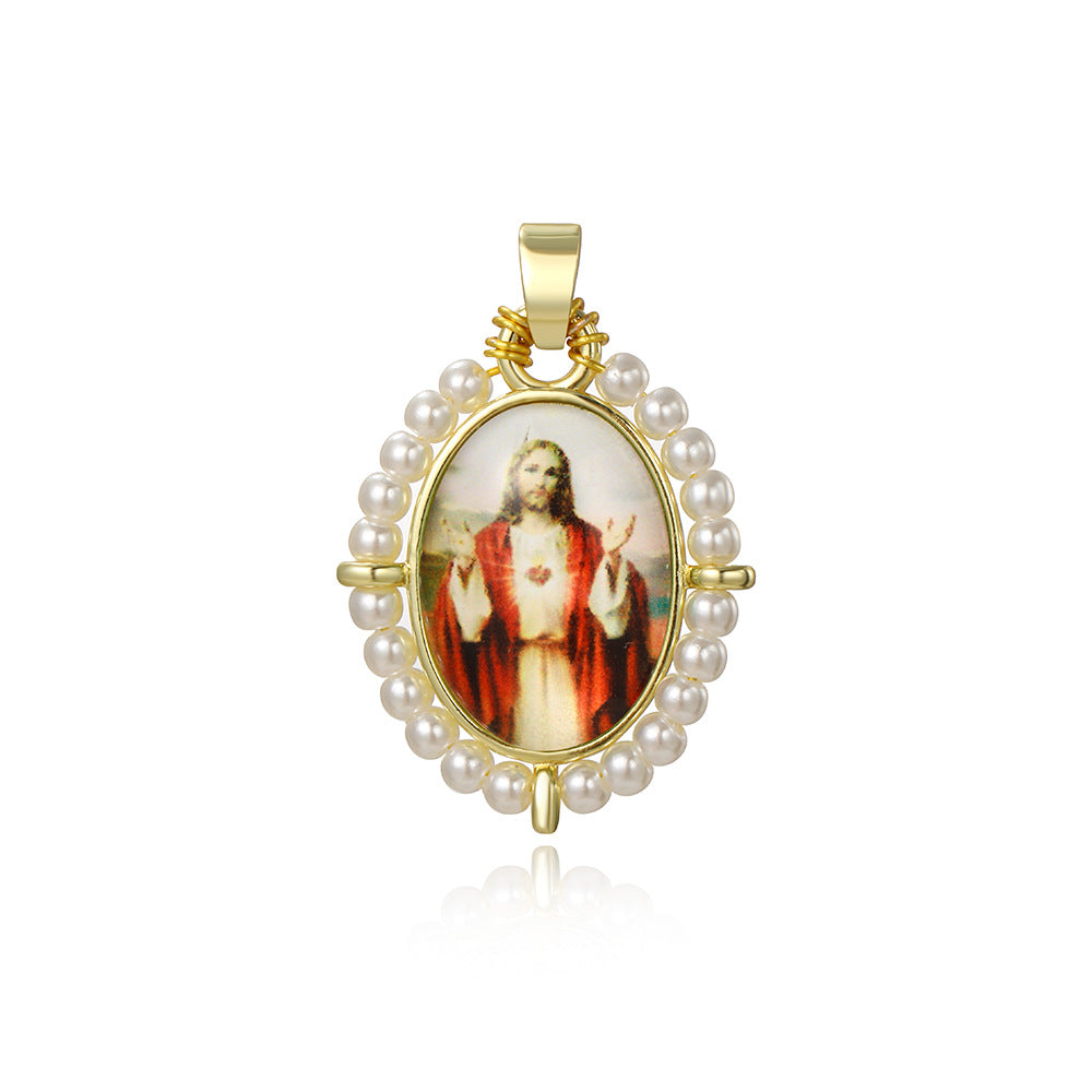 Wholesale Oval portrait of the Virgin Mary vintage copper plated 18k braided pendant