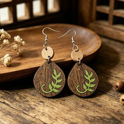 Wholesale Vintage Wooden Leaf Print Drop Earrings For Women Fashion Jewelry Accessory
