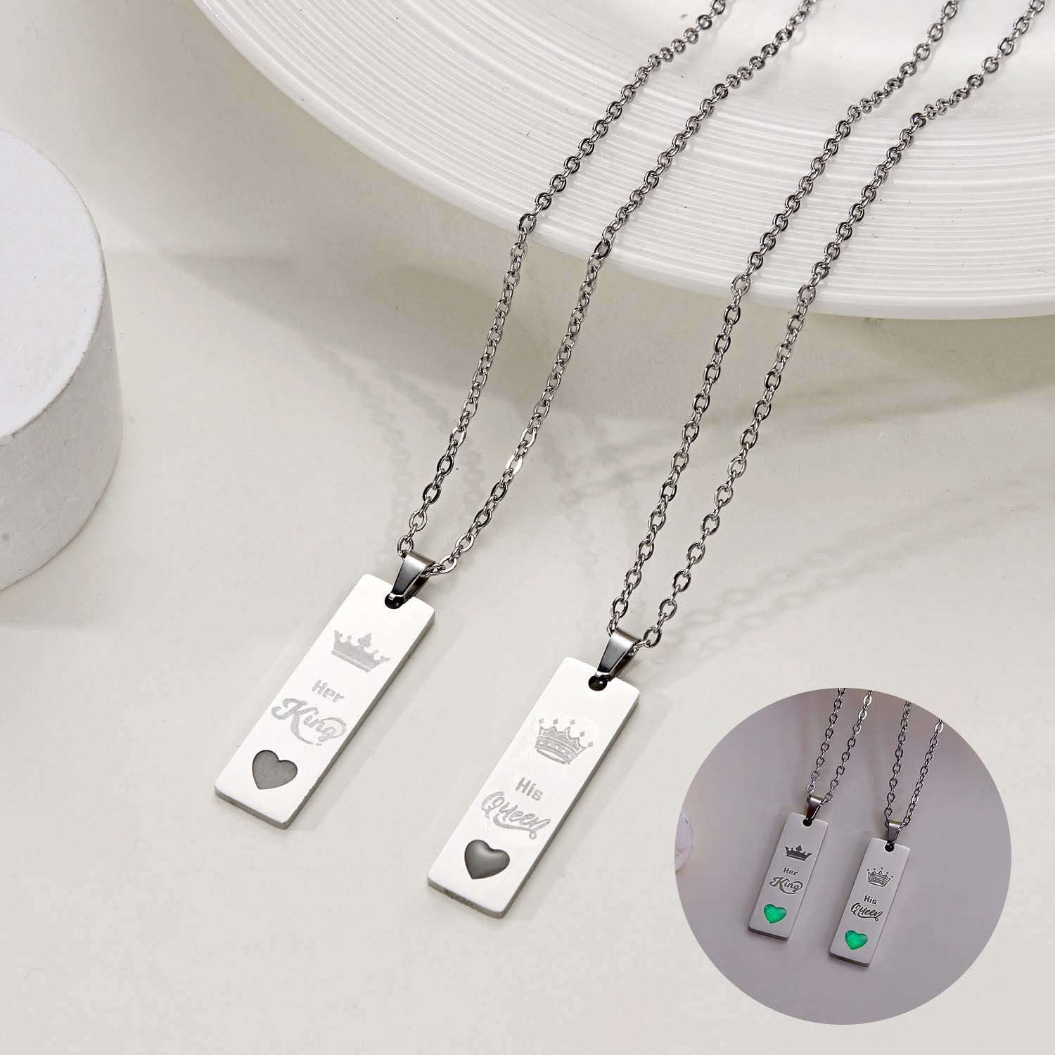 Wholesale  Couple Stainless Steel King and Queen Luminous  Letter Necklace