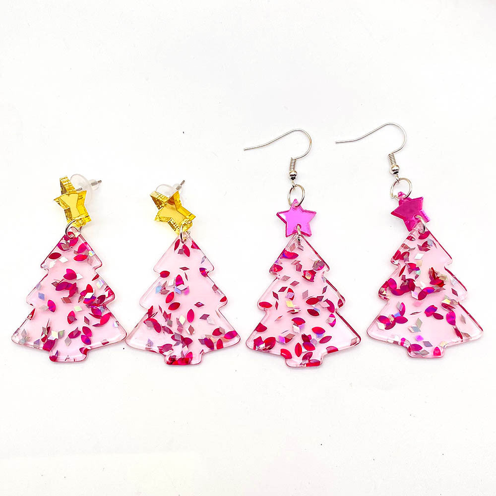 Wholesale Christmas Pink Christmas Tree Five-pointed Star Acrylic Earrings ACC-ES-ChenY071
