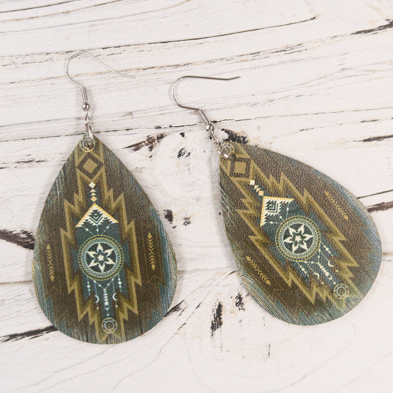 Wholesale Bohemian Style Symmetrical Camouflage Style Teardrop Shape PU Leather Earrings