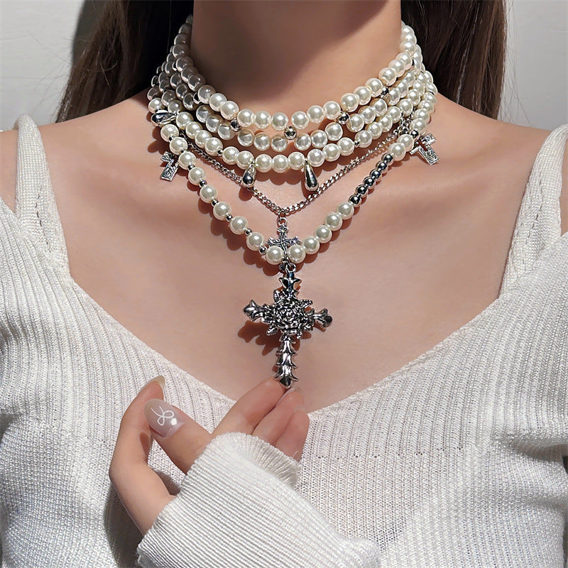 Wholesale Multi-Layered Cross Pearl Necklace
