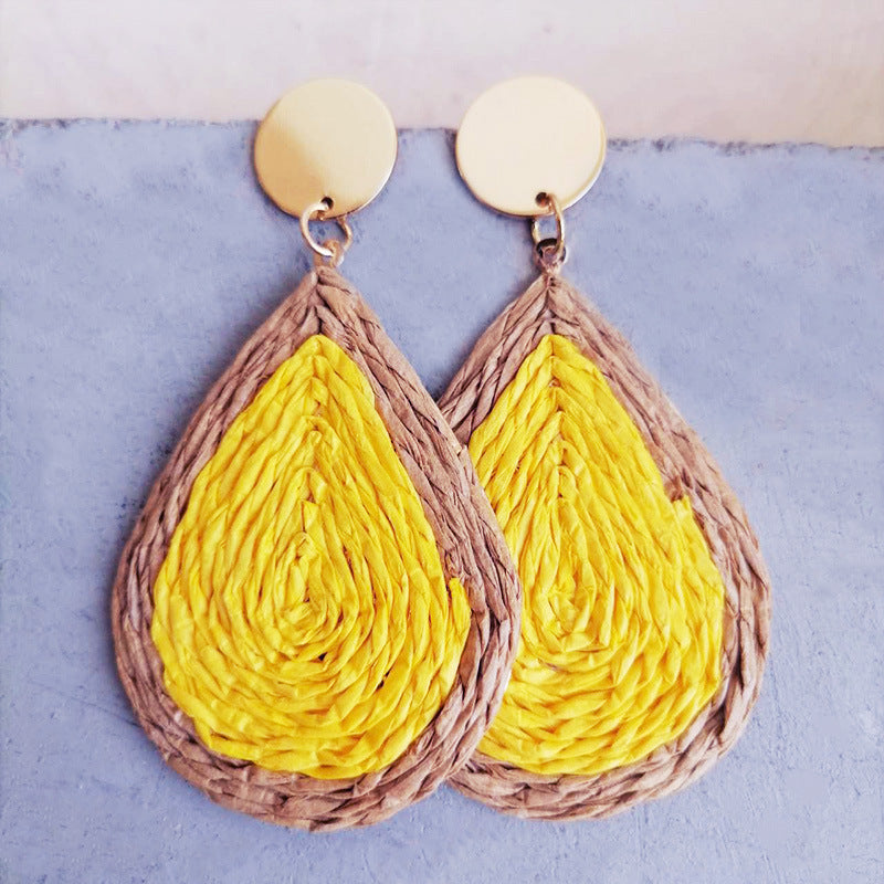 Wholesale 2 Pairs/pack Woven Rattan Drop-shaped Raffia Tie-dye Colorful Holiday Earrings ACC-ES-HY083