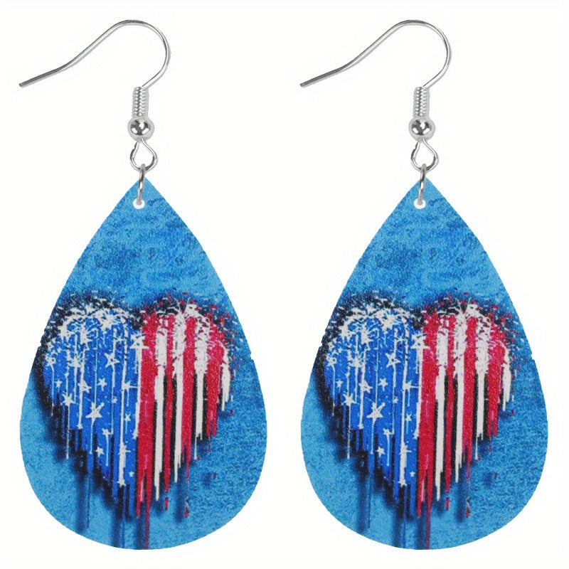 Wholesale Double-sided printing American Independence Day water drop leather earrings