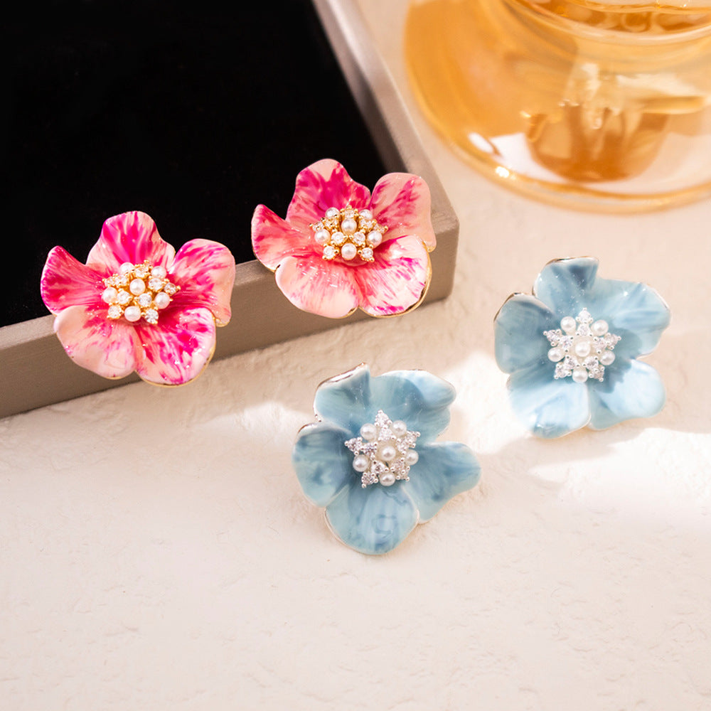 Wholesale Silver needle color zircon pearl camellia earrings