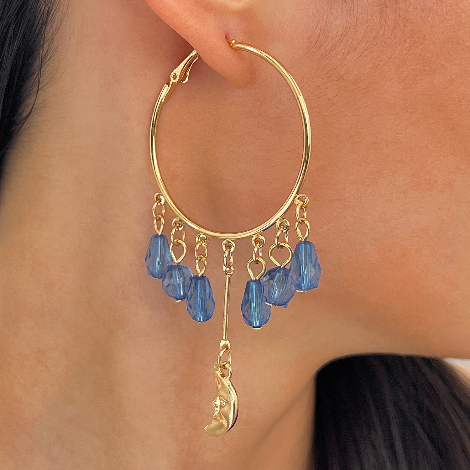 Wholesale Gold Plated Hoop Earrings Teardrop Crystal Tassel Sun Moon Design Ethnic Style Jewelry For Women