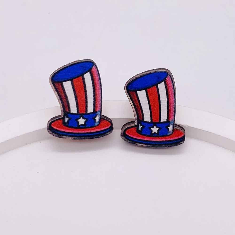 Wholesale American Flag Independence Day Wooden Stud Earrings Heart Shape Pentagram Sunflower Earrings ACC-ES-Cheny007