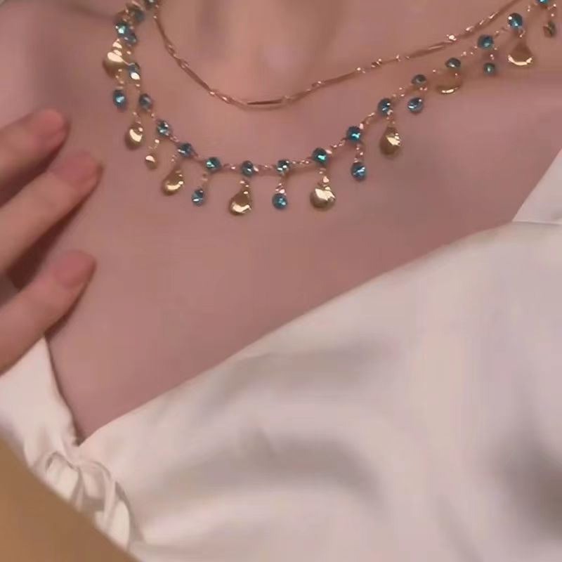 Wholesale Vacation Style Shell Pearl Layered Necklace With Blue Rhinestone Pendant Fashion Jewelry Accessory Gift