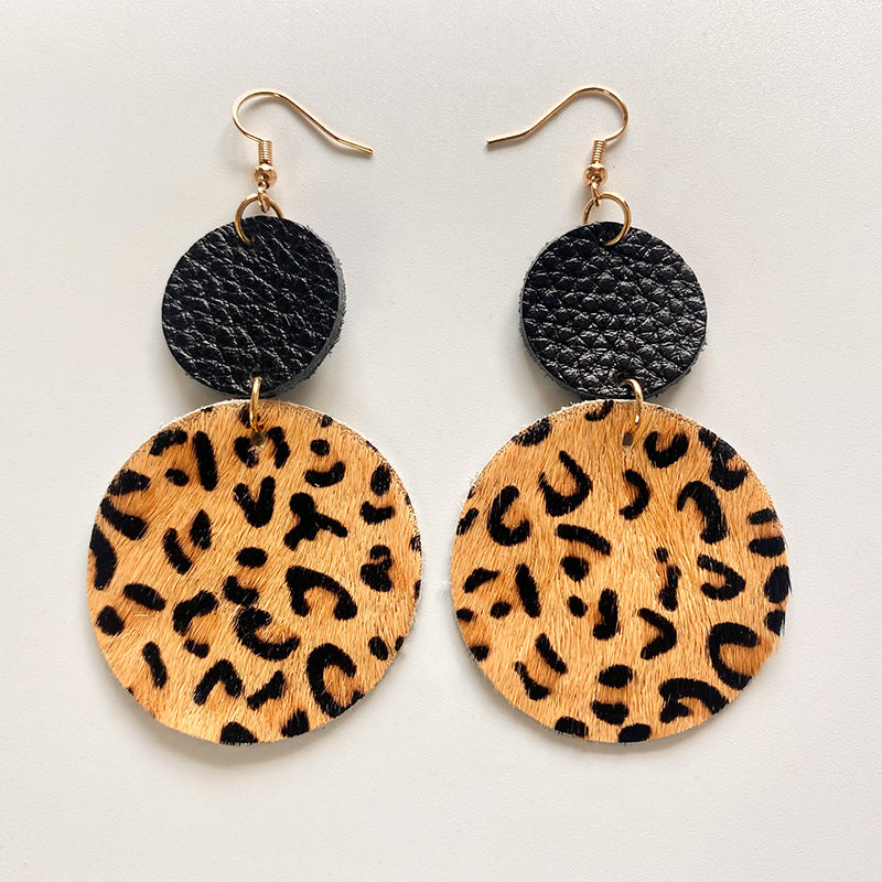Wholesale 3 pairs/  pack leather and leopard print patchwork horsehair earrings vintage style