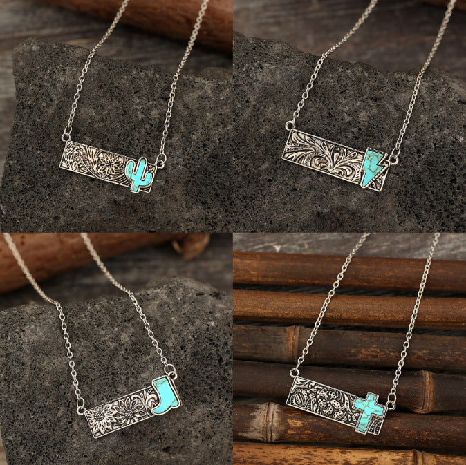 Wholesale Vintage square turquoise cactus lightning cross cowboy boots necklace