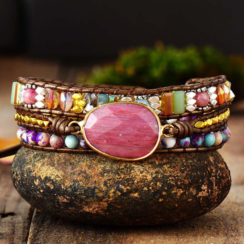 Wholesale Natural Stone Red Grain Hand-woven Beaded Bohemian Multi-layer Bracelets ACC-BT-LZ015