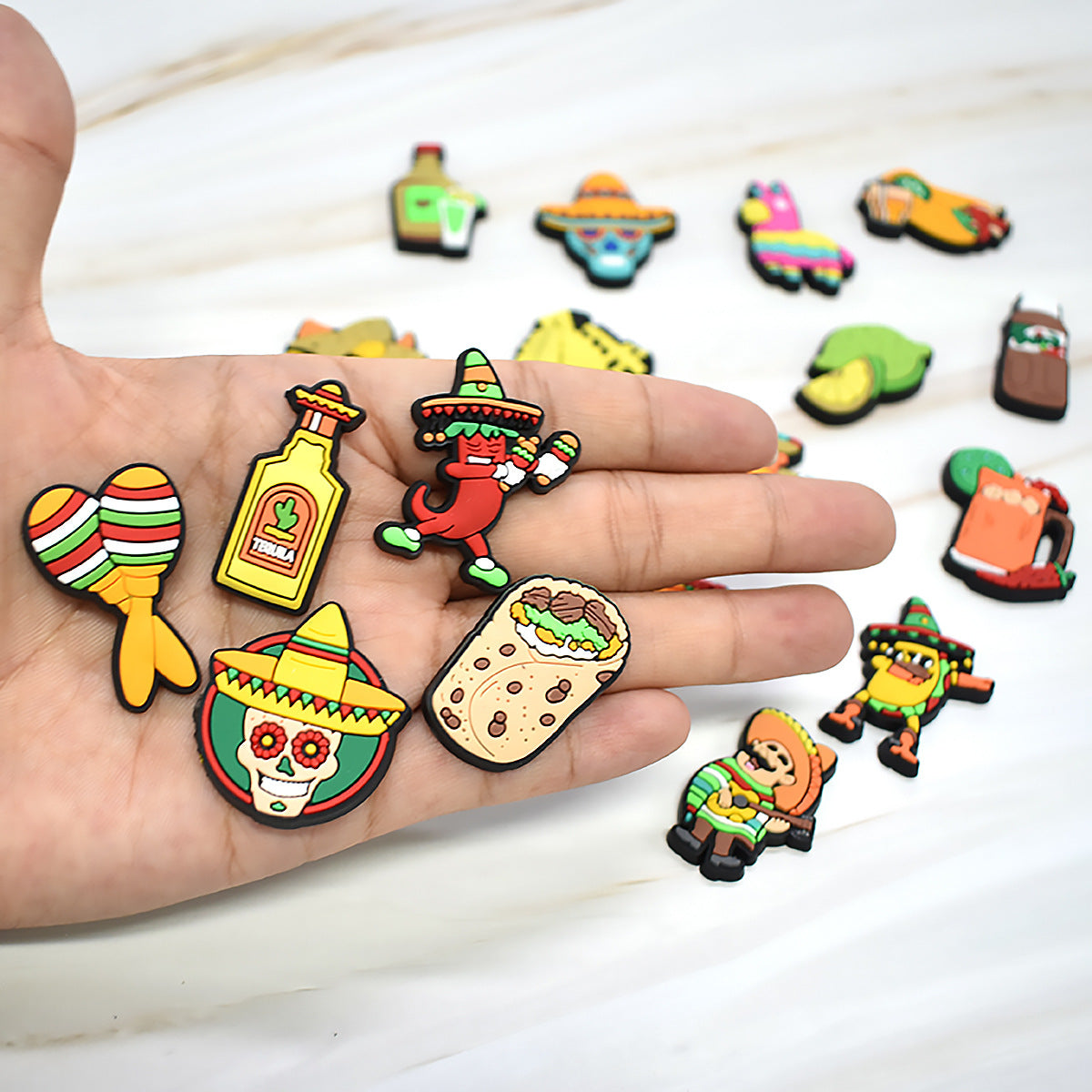 Wholesale Random 100pcs Mexican Series Clogs PVC Soft Rubber Slippers Decoration Shoes Charms ACC-SC-RYY035