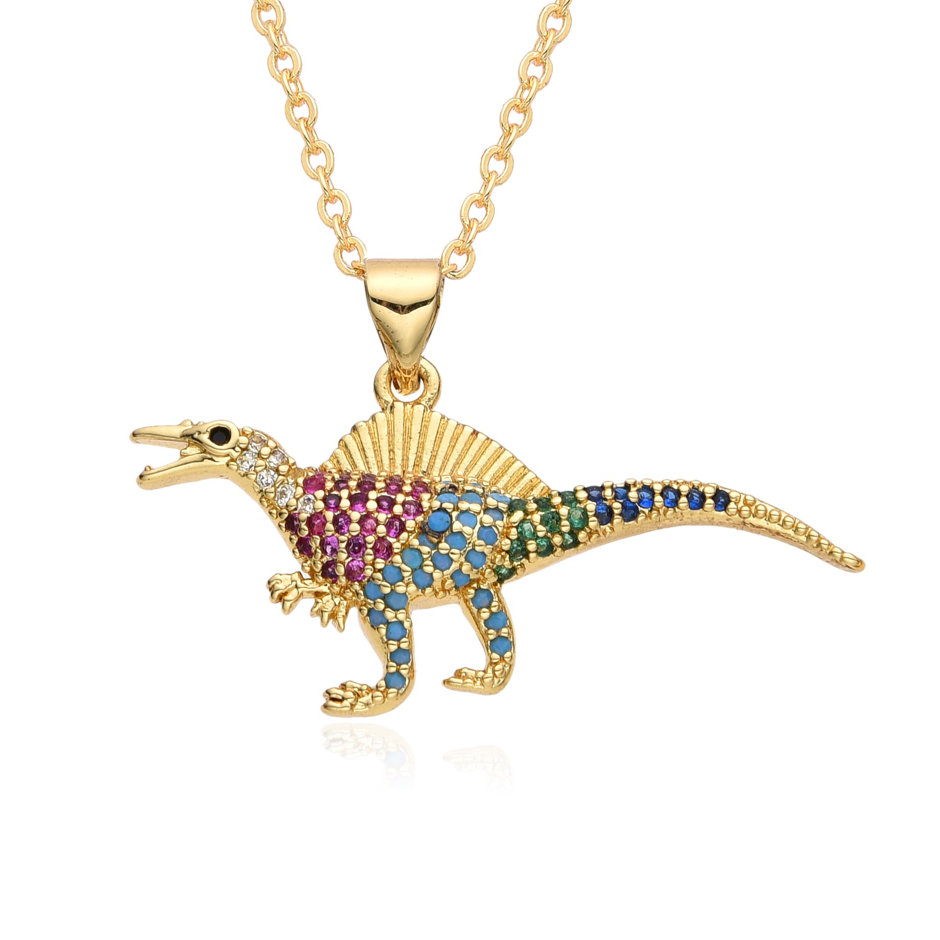Wholesale  personalized creative copper gold-plated micro-inlaid colorful zircon dinosaur pendant necklace