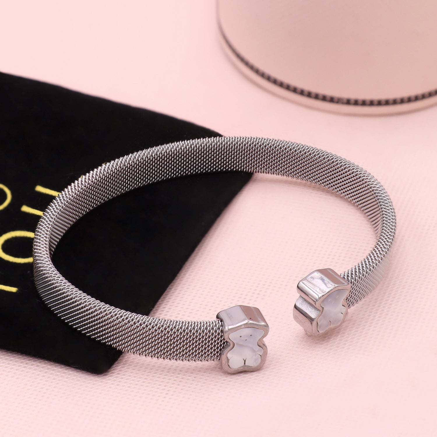 Wholesale Bear Open C-Shape Bracelet with Woven Mesh Strap,  Stainless Steel Boutique Resale Jewelry for Women