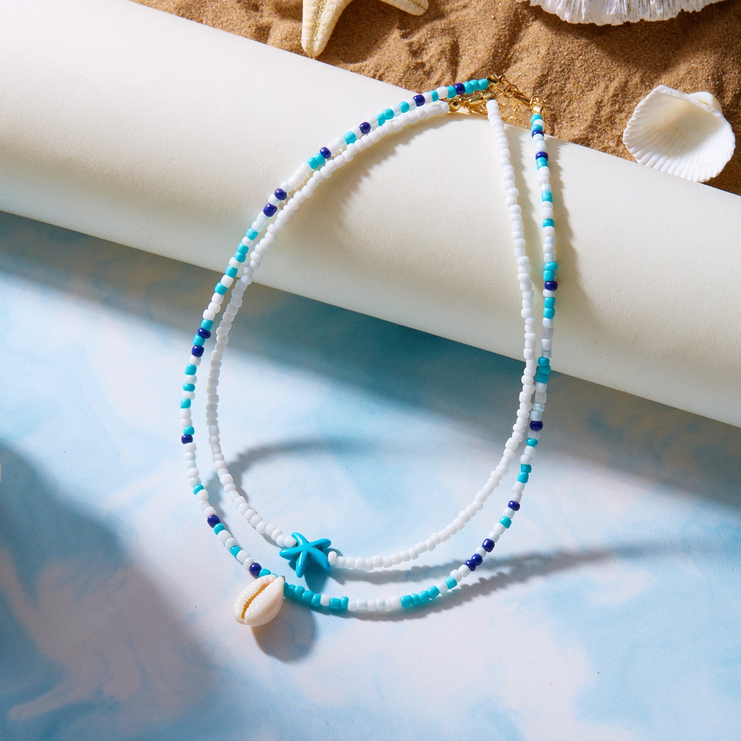 Wholesale Double-layer Starfish Shell Rice Beads Neck Chain Card Necklace