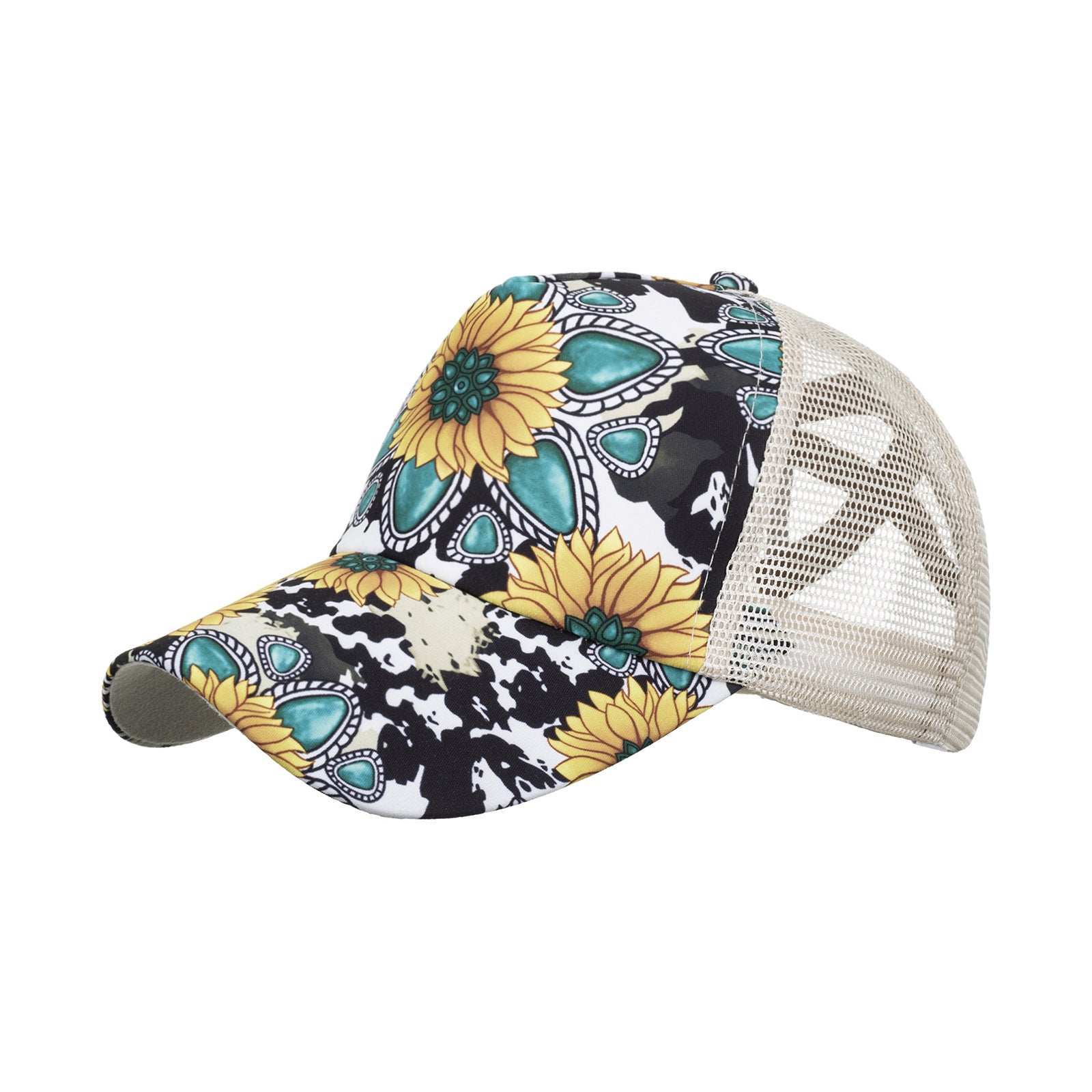 Wholesale Western Style Cow Pattern Sunflower Ponytail Baseball Cap Hat ACC-HT-ZhongM004