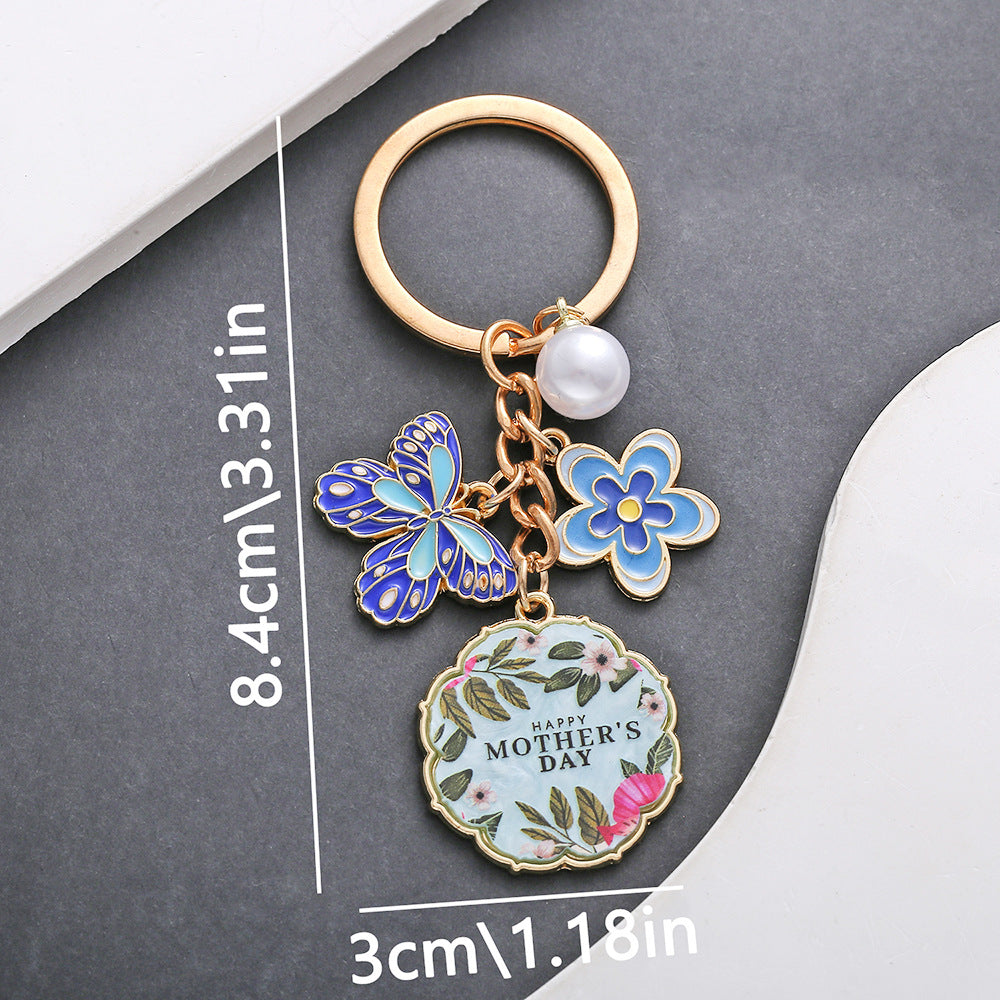 Wholesale Oil Dropping Pink Butterfly Flowers Pearl HAPPYMOTHER' SDAY Keychain Jewelry Pendant