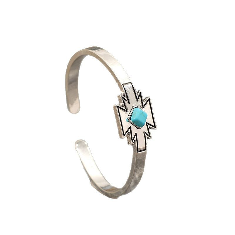 Wholesale Bohemian vintage-inspired geometric shape with synthetic turquoise opening adjustable bracelet