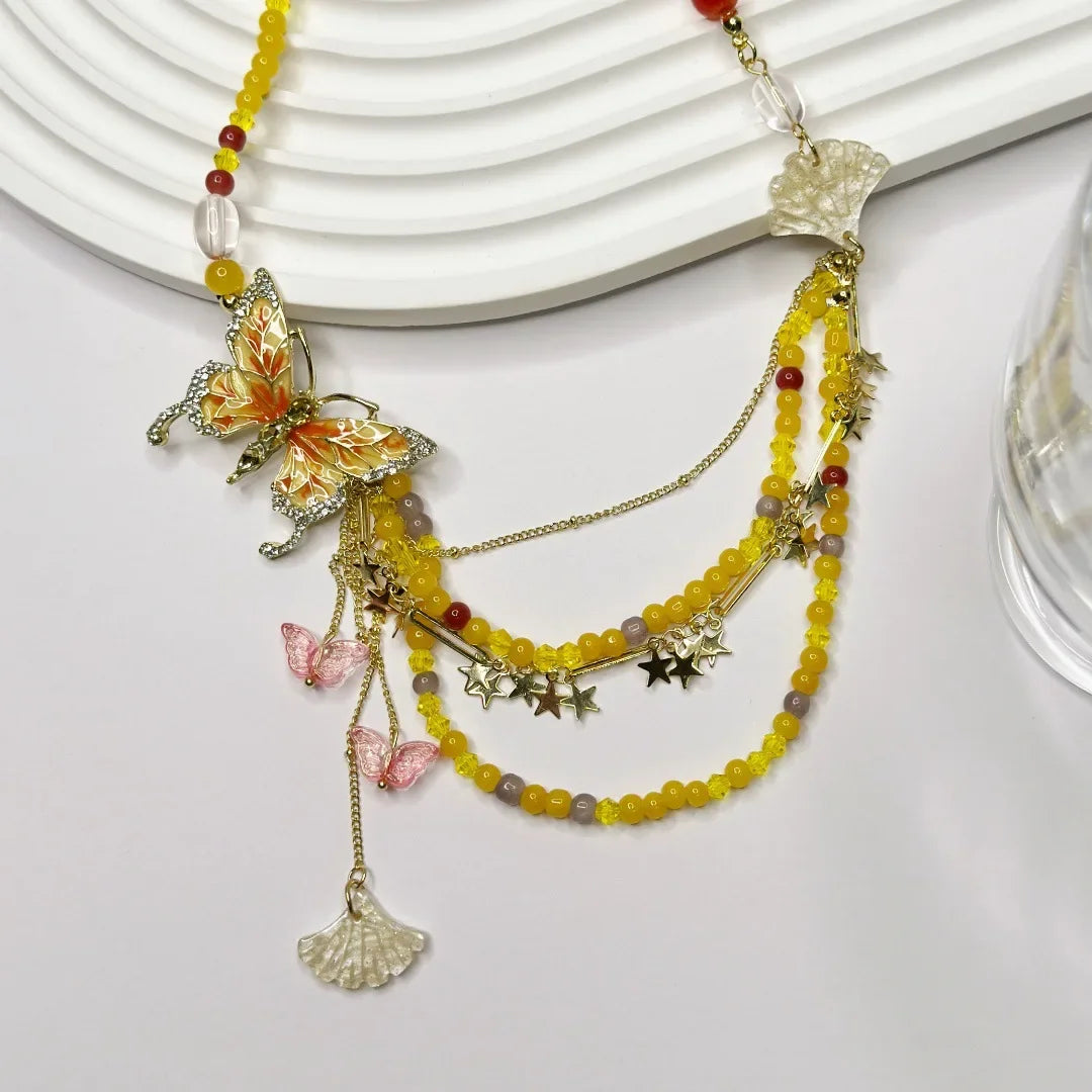 Wholesale  Diamond-encrusted Butterfly Pearl Double Layer Stacked  Necklace