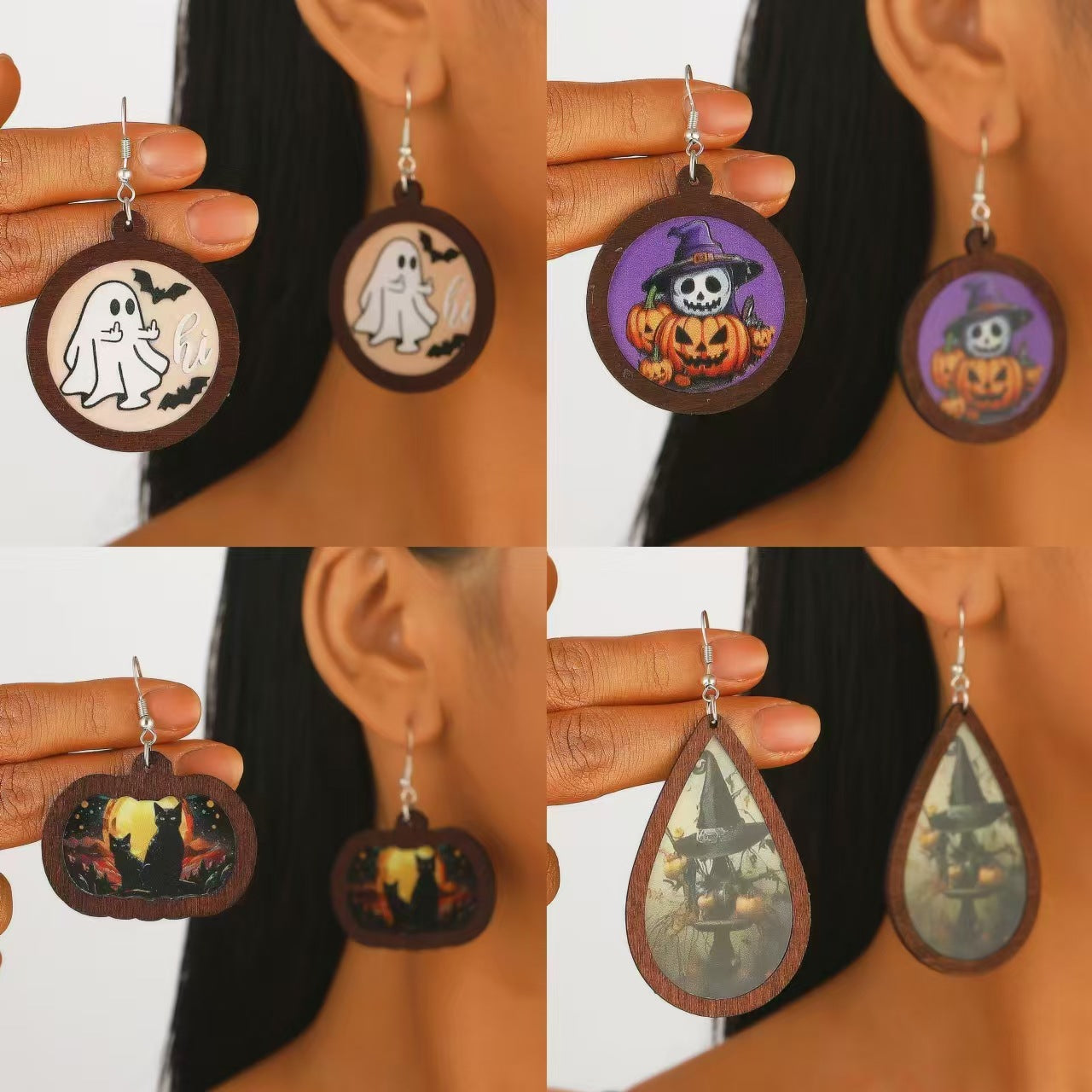 Wholesale  Ghost Pumpkin Printed Wood Drop Earrings Fashion Accessory for Gift Boutique Resale
