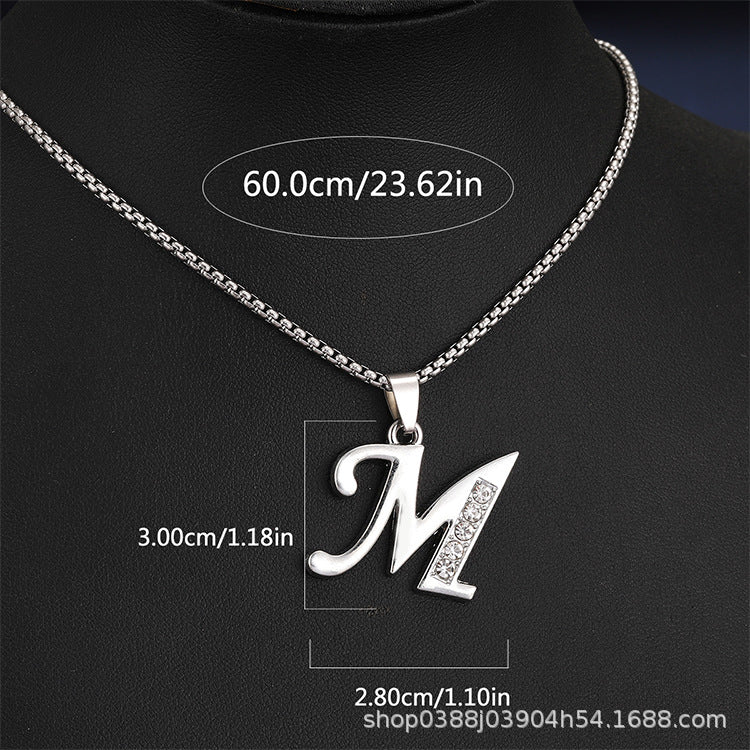 Wholesale Titanium Steel 26 Diamond-Encrusted English Letter Necklaces