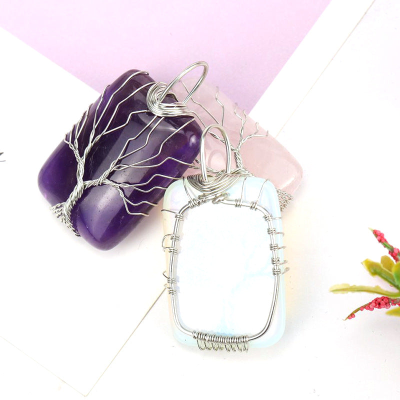 Wholesale Handmade Wire Wrapped Rectangular Tree Of Life Pendant Necklace Natural White Crystal Agate Jewelry Accessory For Resale