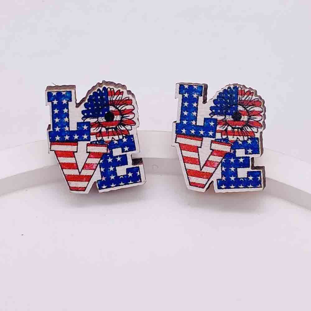 Wholesale American Flag Independence Day Wooden Stud Earrings Heart Shape Pentagram Sunflower Earrings ACC-ES-Cheny007